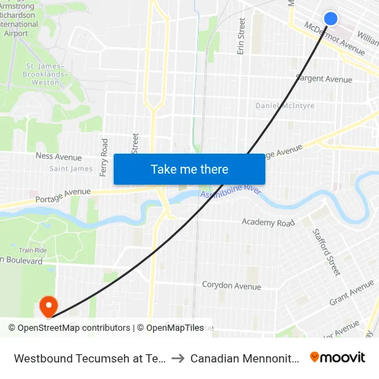 Westbound Tecumseh at Tecumseh Loop to Canadian Mennonite University map