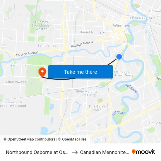 Northbound Osborne at Osborne Station to Canadian Mennonite University map