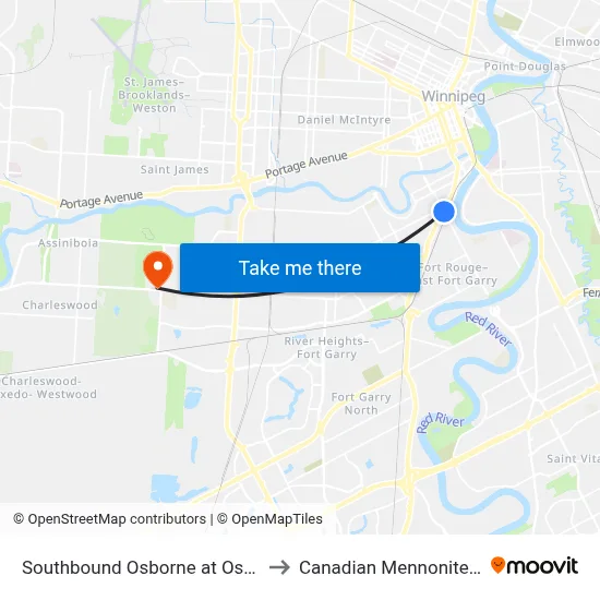 Southbound Osborne at Osborne Station to Canadian Mennonite University map