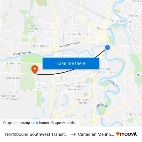 Northbound Southwest Transitway at Harkness Station to Canadian Mennonite University map