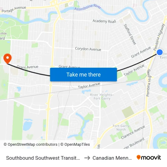 Southbound Southwest Transitway at Fort Rouge Station to Canadian Mennonite University map
