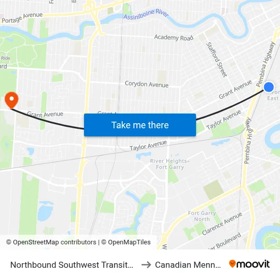 Northbound Southwest Transitway at Fort Rouge Station to Canadian Mennonite University map