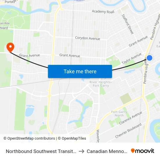 Northbound Southwest Transitway at Jubilee Station to Canadian Mennonite University map
