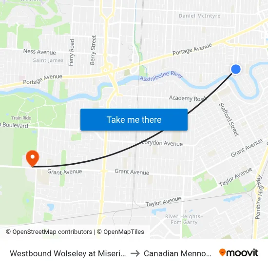 Westbound Wolseley at Misericordia Health Centre to Canadian Mennonite University map