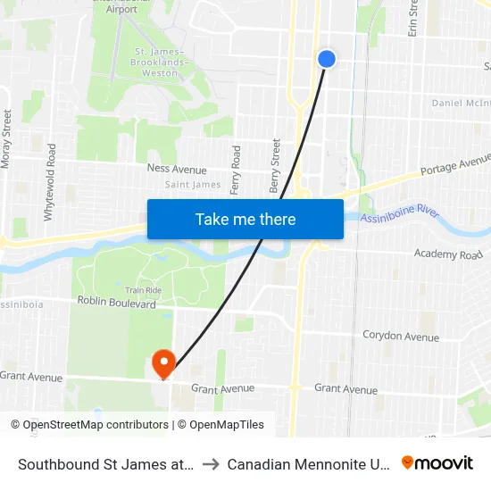 Southbound St James at Sargent to Canadian Mennonite University map