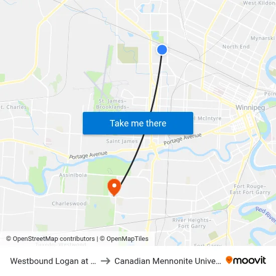 Westbound Logan at Dee to Canadian Mennonite University map