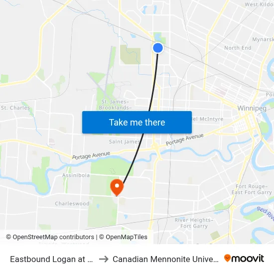 Eastbound Logan at Ada to Canadian Mennonite University map