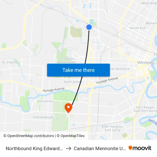 Northbound King Edward at Logan to Canadian Mennonite University map