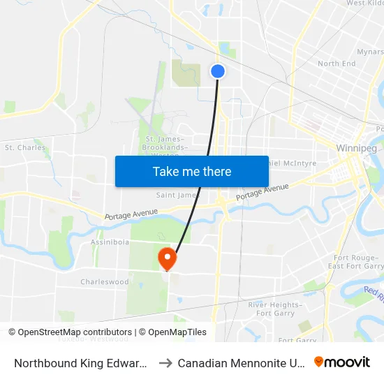 Northbound King Edward at Elgin to Canadian Mennonite University map