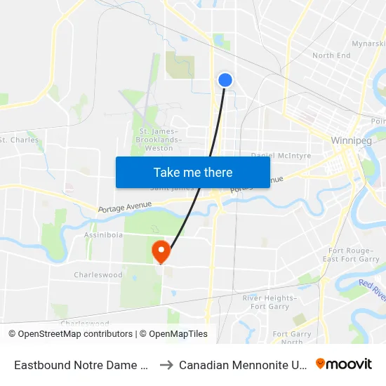 Eastbound Notre Dame at Becker to Canadian Mennonite University map