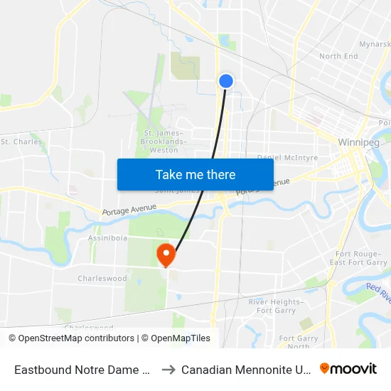 Eastbound Notre Dame at Tentler to Canadian Mennonite University map