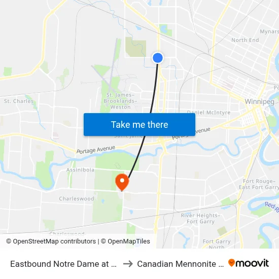 Eastbound Notre Dame at King Edward to Canadian Mennonite University map