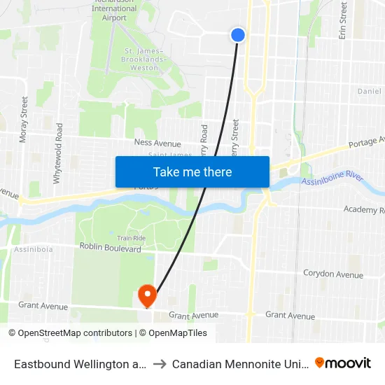 Eastbound Wellington at Berry to Canadian Mennonite University map