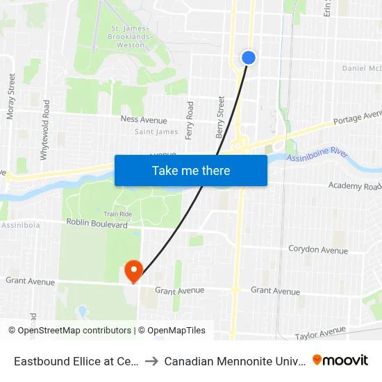 Eastbound Ellice at Century to Canadian Mennonite University map