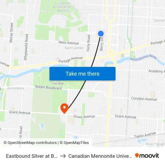 Eastbound Silver at Berry to Canadian Mennonite University map