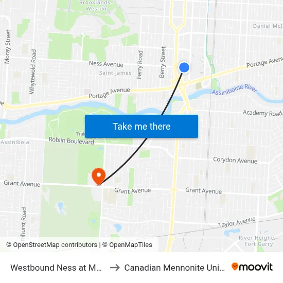 Westbound Ness at Madison to Canadian Mennonite University map