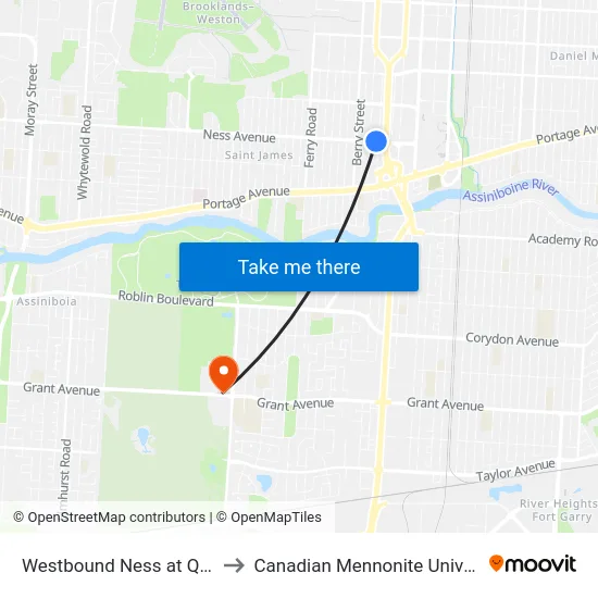 Westbound Ness at Queen to Canadian Mennonite University map