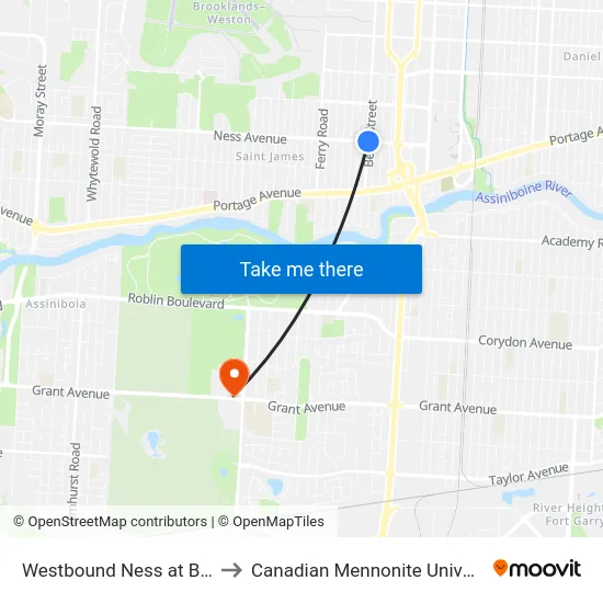 Westbound Ness at Berry to Canadian Mennonite University map