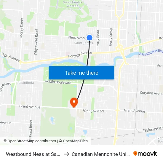 Westbound Ness at Sackville to Canadian Mennonite University map