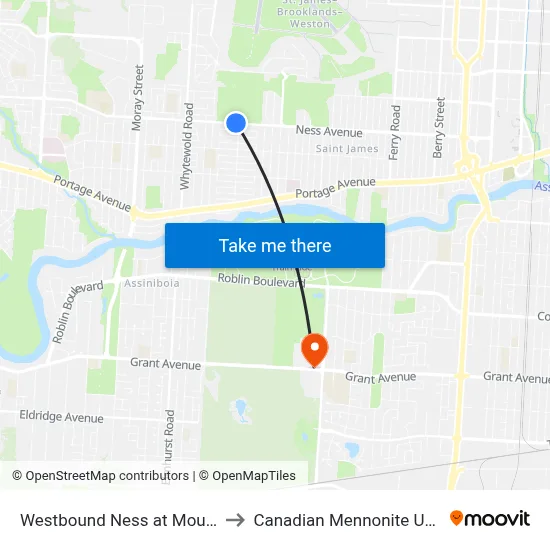 Westbound Ness at Mount Royal to Canadian Mennonite University map