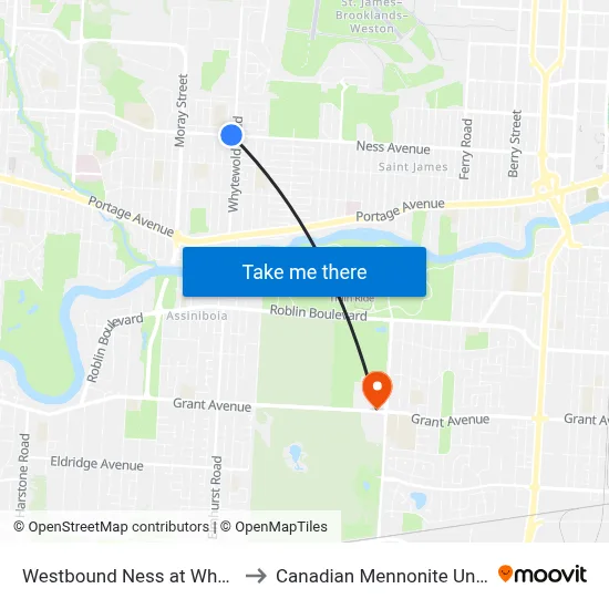 Westbound Ness at Whytewold to Canadian Mennonite University map