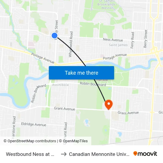 Westbound Ness at Moray to Canadian Mennonite University map