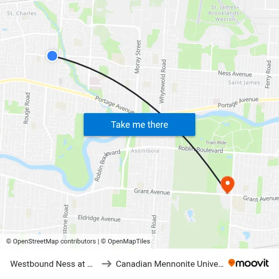 Westbound Ness at Vimy to Canadian Mennonite University map