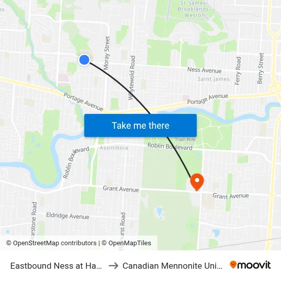 Eastbound Ness at Harcourt to Canadian Mennonite University map