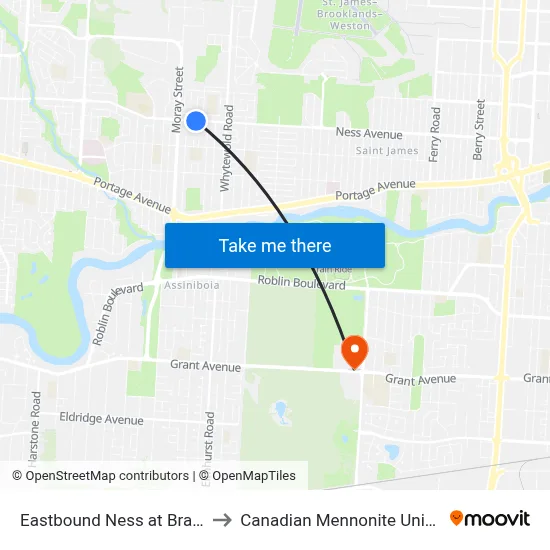 Eastbound Ness at Braintree to Canadian Mennonite University map