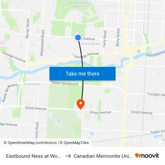 Eastbound Ness at Woodlawn to Canadian Mennonite University map