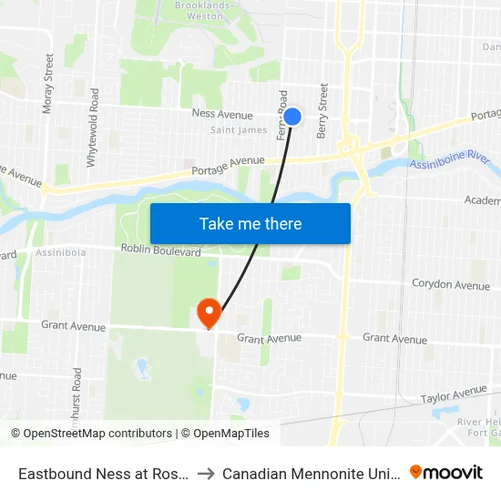Eastbound Ness at Roseberry to Canadian Mennonite University map