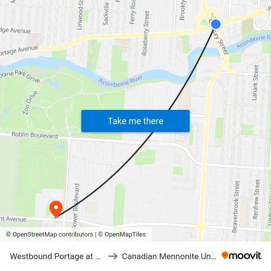 Westbound Portage at Century to Canadian Mennonite University map