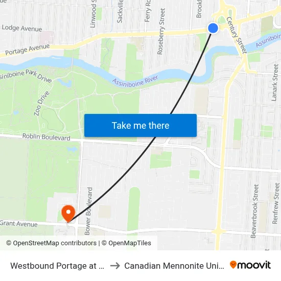 Westbound Portage at Queen to Canadian Mennonite University map