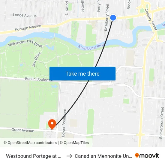 Westbound Portage at Marjorie to Canadian Mennonite University map