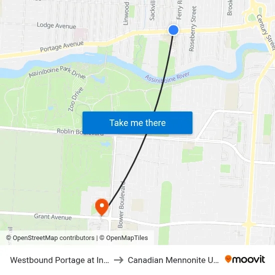 Westbound Portage at Inglewood to Canadian Mennonite University map