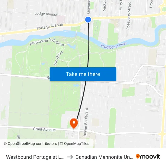 Westbound Portage at Linwood to Canadian Mennonite University map