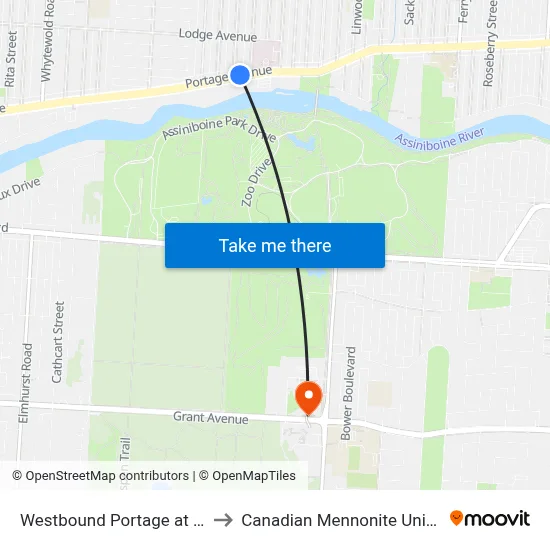 Westbound Portage at Sharp to Canadian Mennonite University map