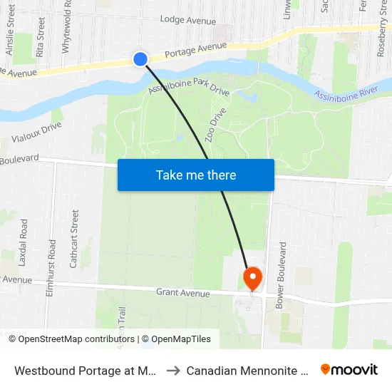 Westbound Portage at Mount Royal to Canadian Mennonite University map