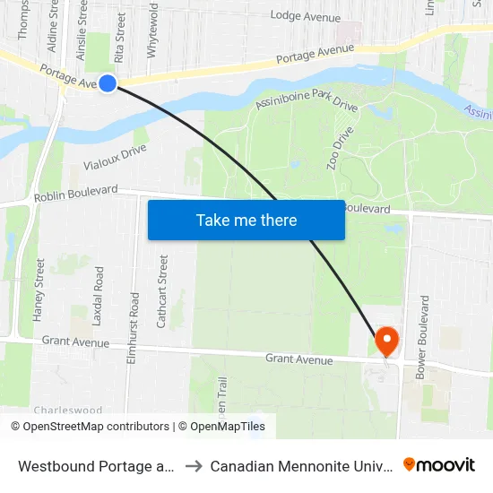 Westbound Portage at Rita to Canadian Mennonite University map