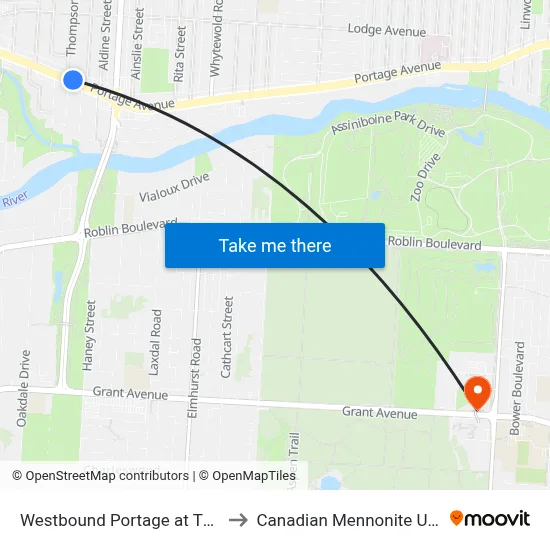 Westbound Portage at Thompson to Canadian Mennonite University map