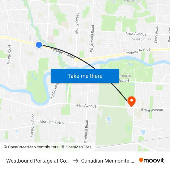 Westbound Portage at Country Club to Canadian Mennonite University map