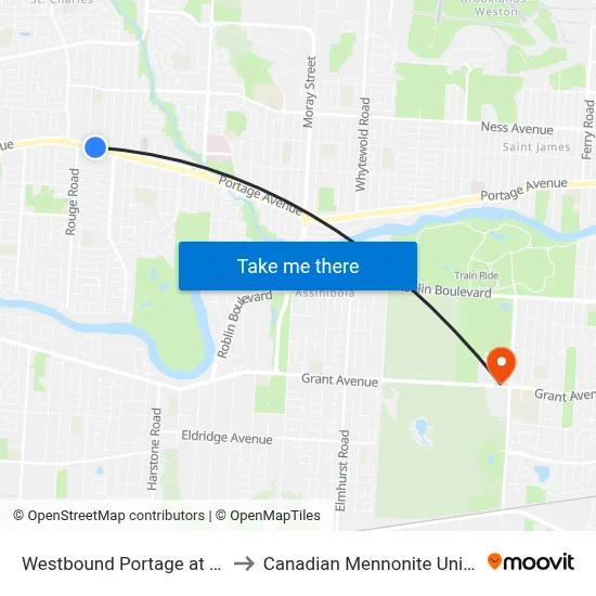 Westbound Portage at Muriel to Canadian Mennonite University map