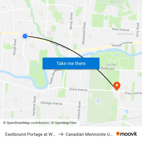 Eastbound Portage at Westwood to Canadian Mennonite University map