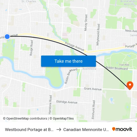 Westbound Portage at Buchanan to Canadian Mennonite University map