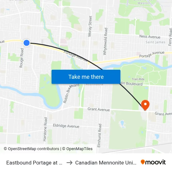 Eastbound Portage at Muriel to Canadian Mennonite University map