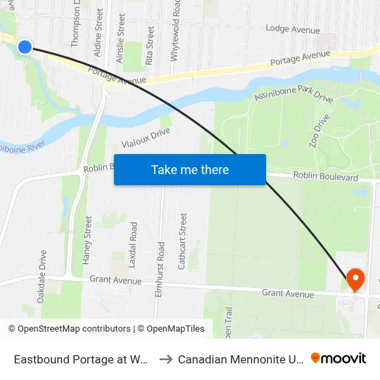 Eastbound Portage at Woodhaven to Canadian Mennonite University map