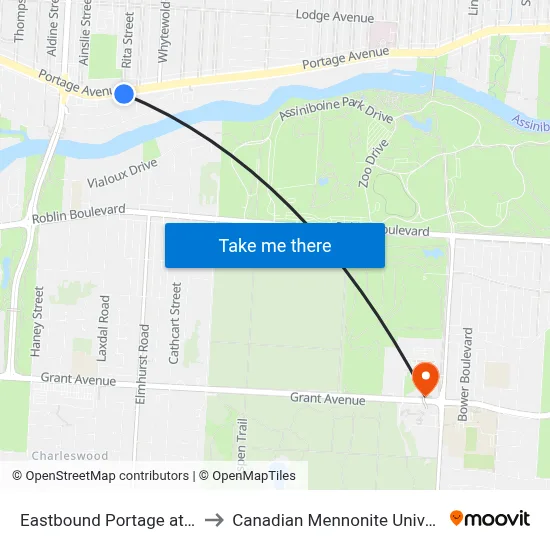 Eastbound Portage at Rita to Canadian Mennonite University map