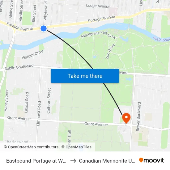 Eastbound Portage at Whytewold to Canadian Mennonite University map