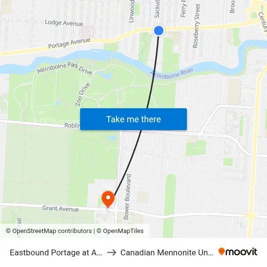 Eastbound Portage at Amherst to Canadian Mennonite University map