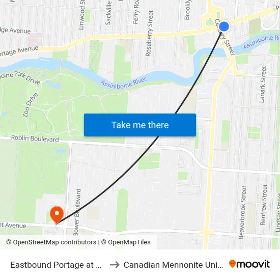 Eastbound Portage at Kintyre to Canadian Mennonite University map